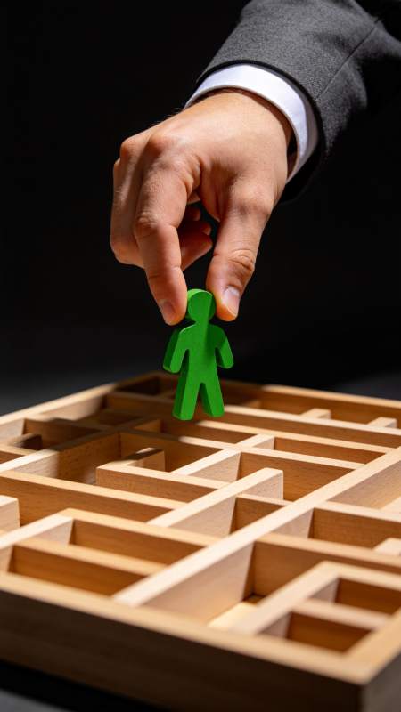 西装手握绿色人形棋子置于木质迷宫上方图片