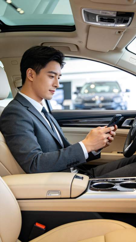 商务男士车内看手机图片