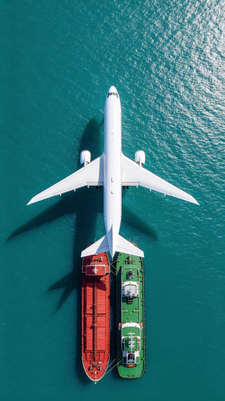 白色客机俯拍停泊于两艘货船之上海面图片