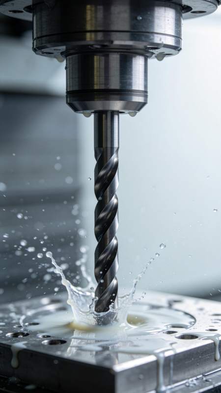 数控机床钻头加工金属工件瞬间特写图片