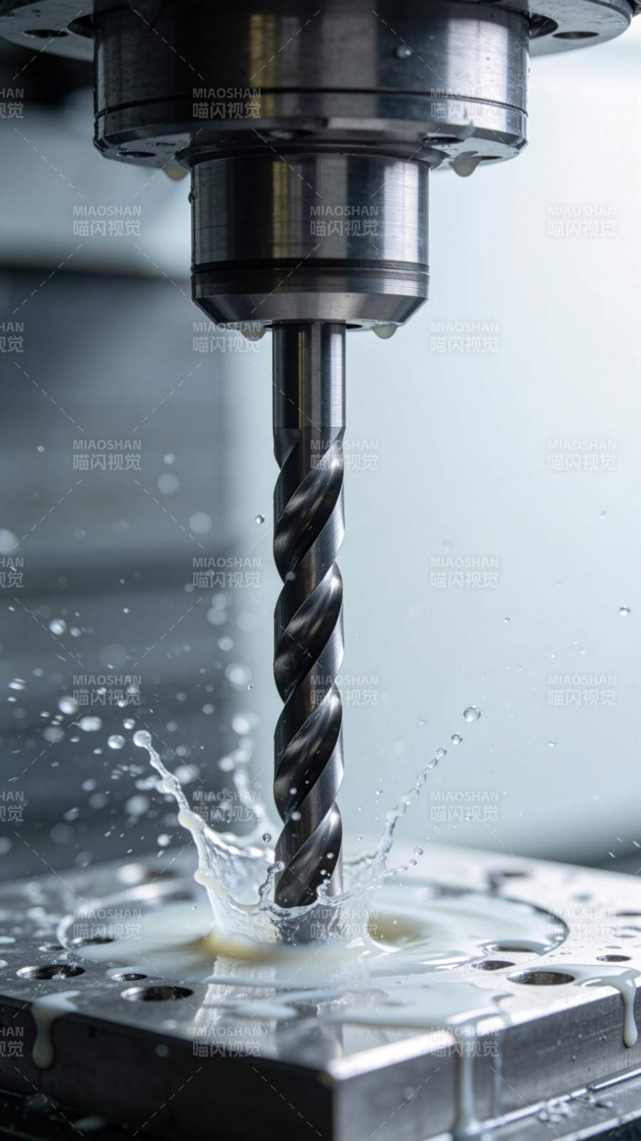 数控机床钻头加工金属工件瞬间特写图片