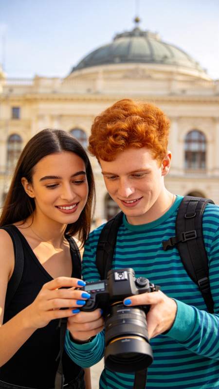 情侣共赏相机美景图片