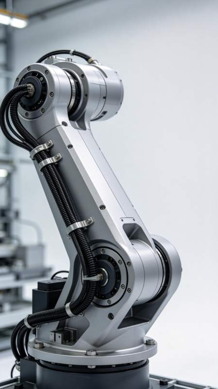 工业机械臂特写展示精密结构与管线布局图片