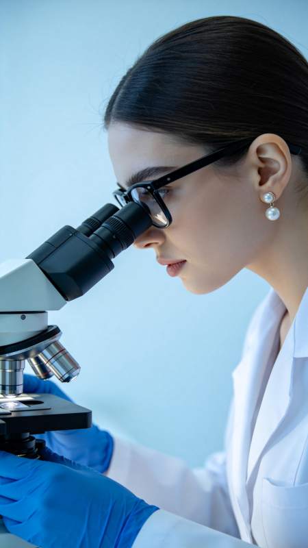 科研人员专注显微观察图片