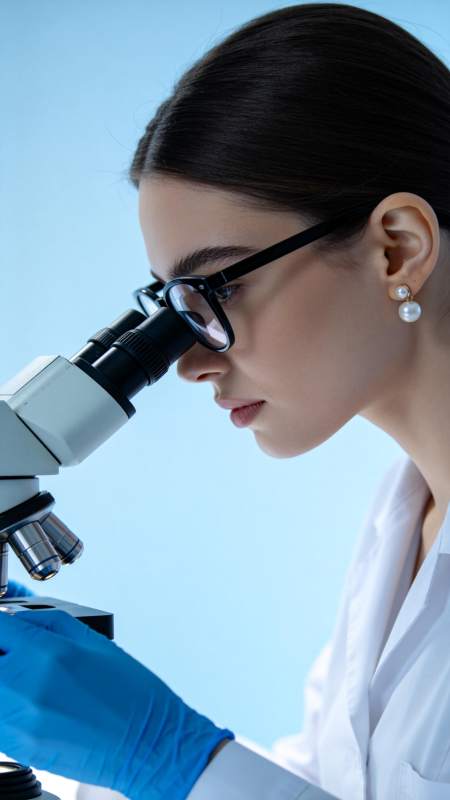 女性科研人员佩戴眼镜使用显微镜进行观察图片