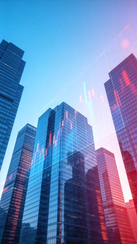 城市高楼群叠加股票K线图数据可视化图片