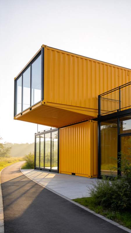 黄色集装箱模块化建筑与步道景观图片