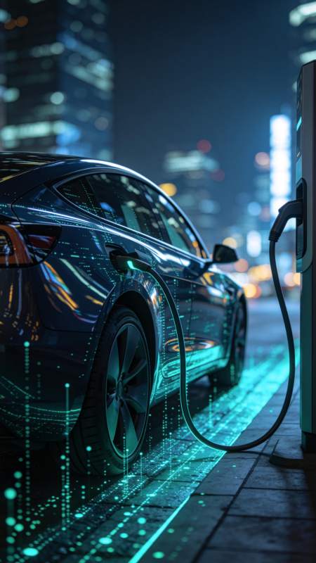 夜晚城市街道中电动汽车正在充电图片