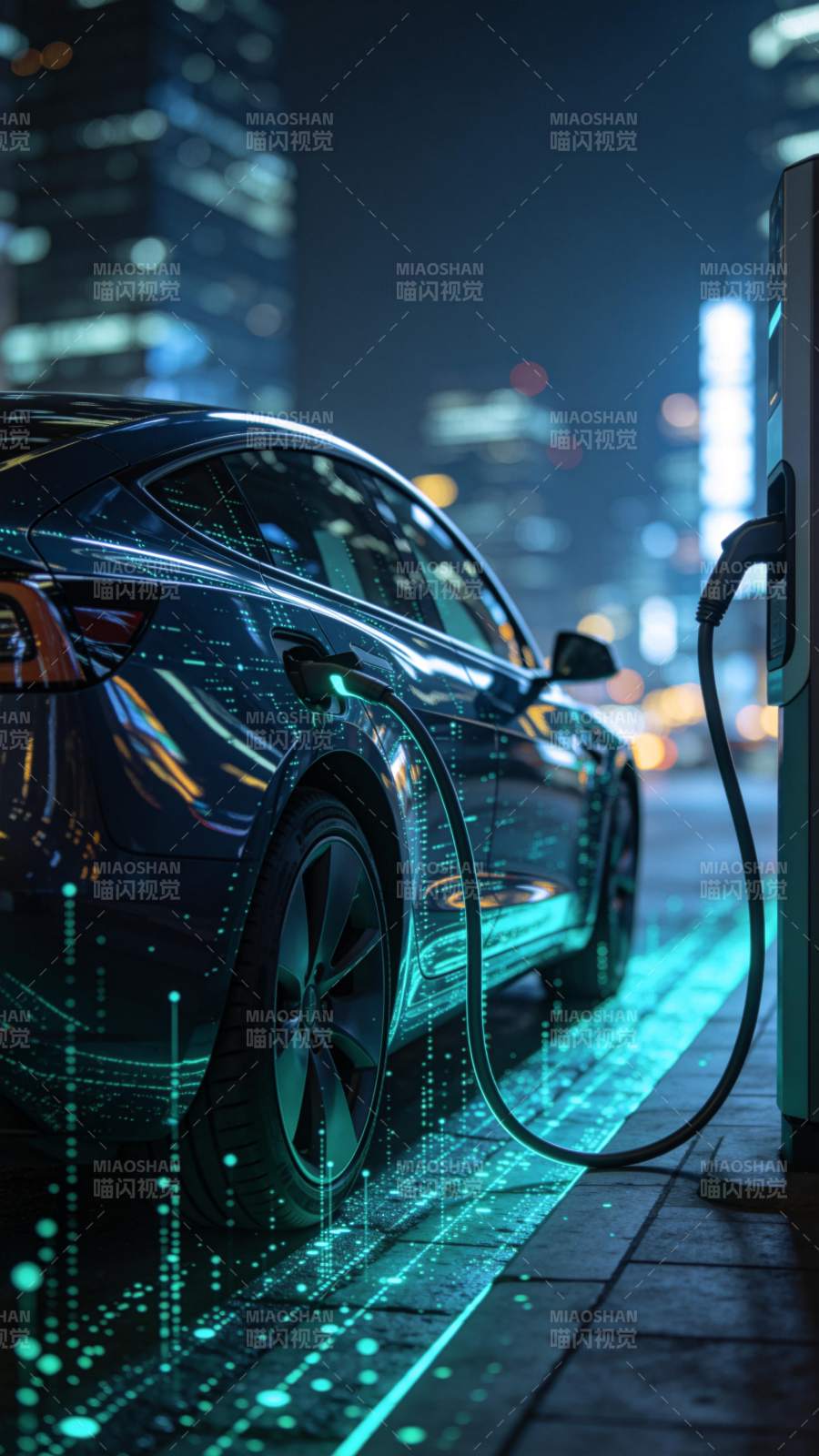 夜晚城市街道中电动汽车正在充电图片