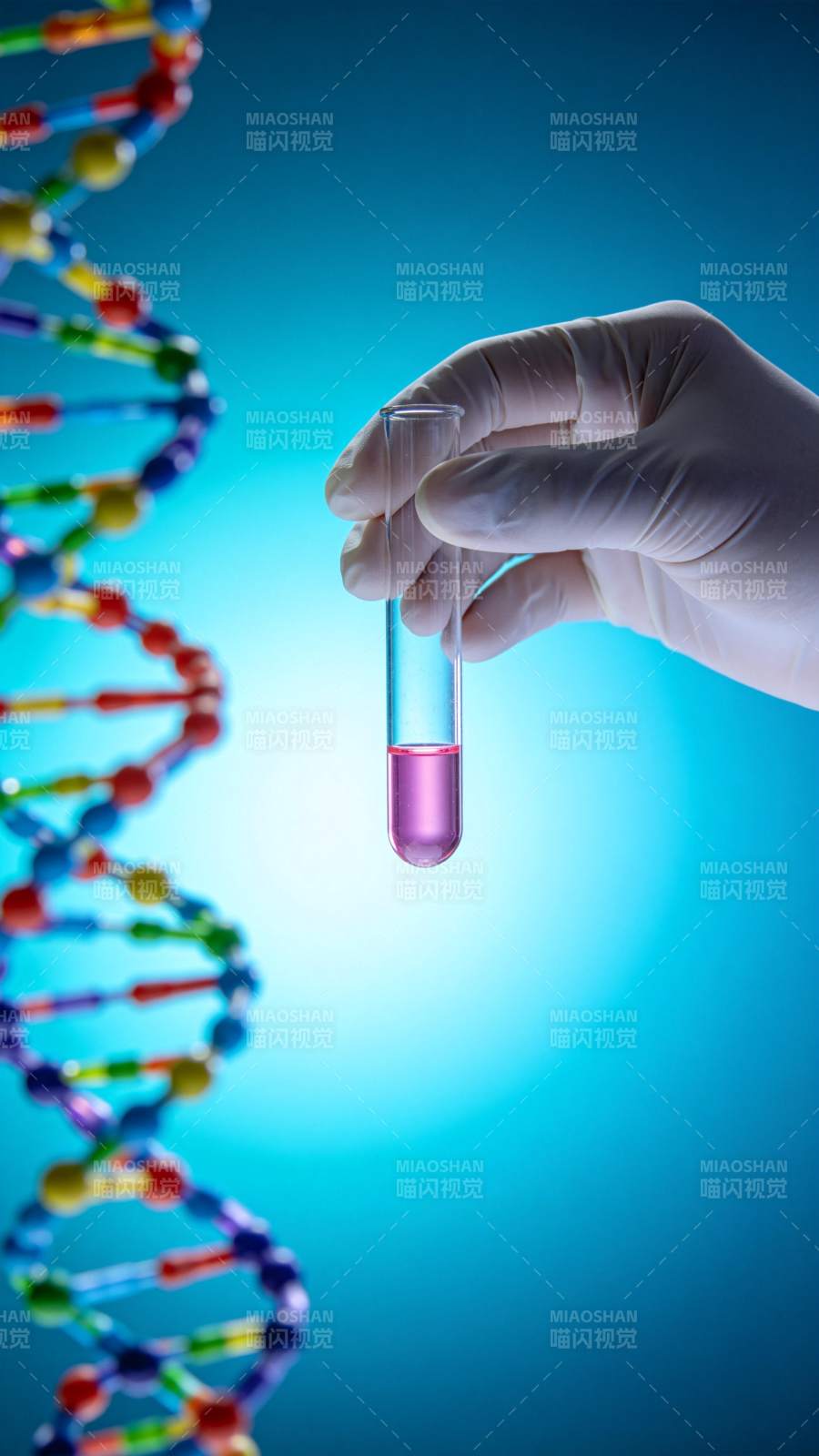 戴手套手握试管与DNA双螺旋结构图图片
