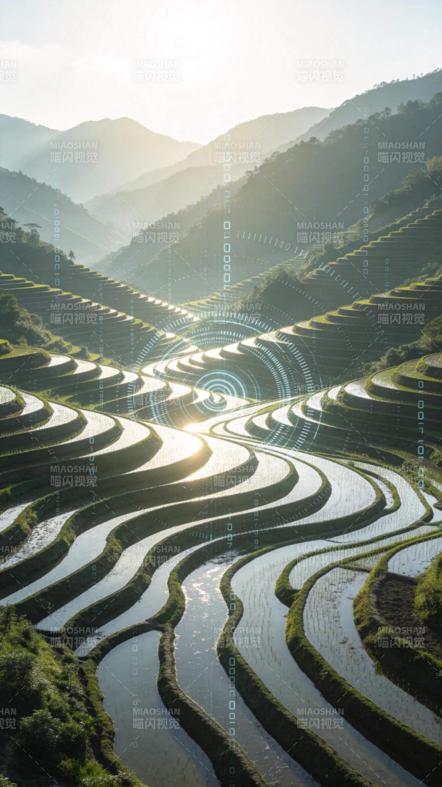 梯田风光叠加数字科技视觉效果图片
