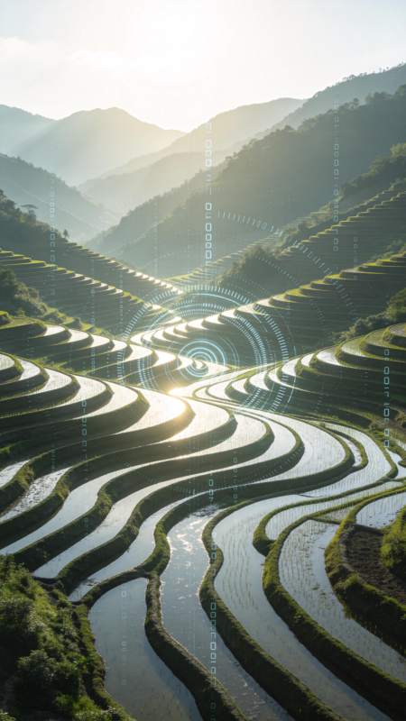 梯田风光叠加数字科技视觉效果图片