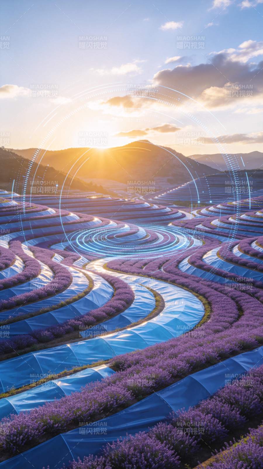 紫色花田梯田与科技光圈叠加日落景观图片