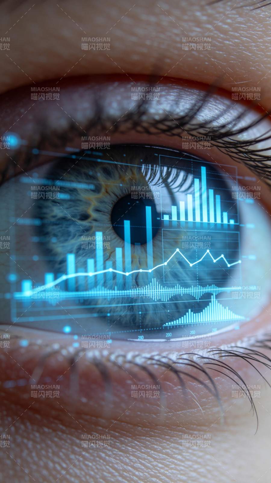 人眼虹膜上叠加蓝色数据图表投影图片