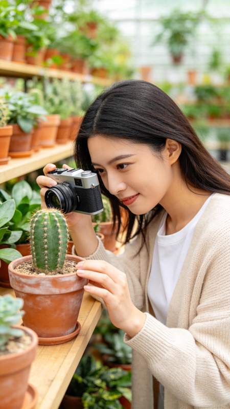 女子拍摄仙人掌图片