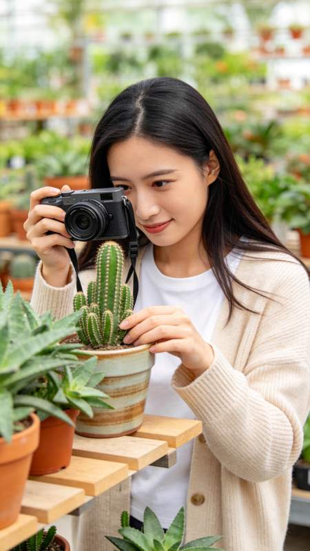 女子手持相机拍摄盆栽仙人掌特写图片