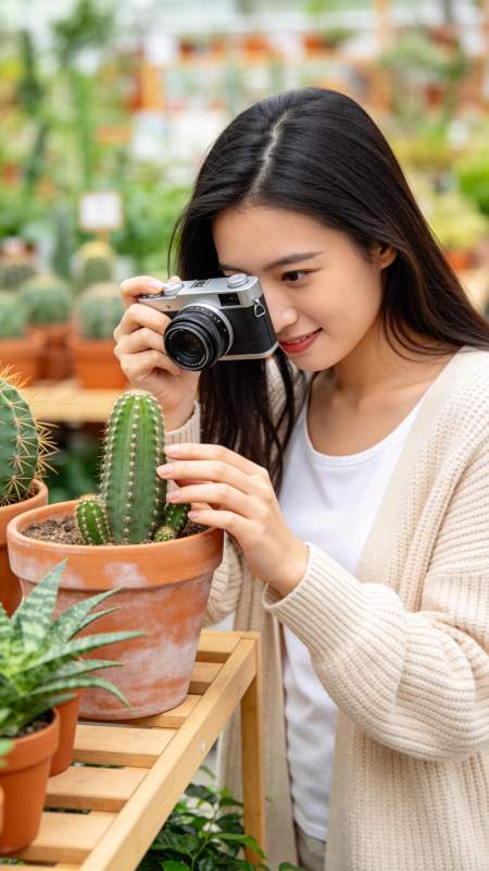 女子拍照仙人掌图片