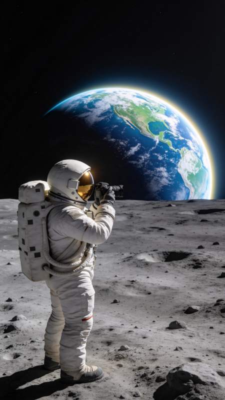 宇航员在月球表面拍摄地球全景图片