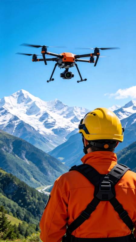 橙色无人机飞行于雪山前作业人员背影图片