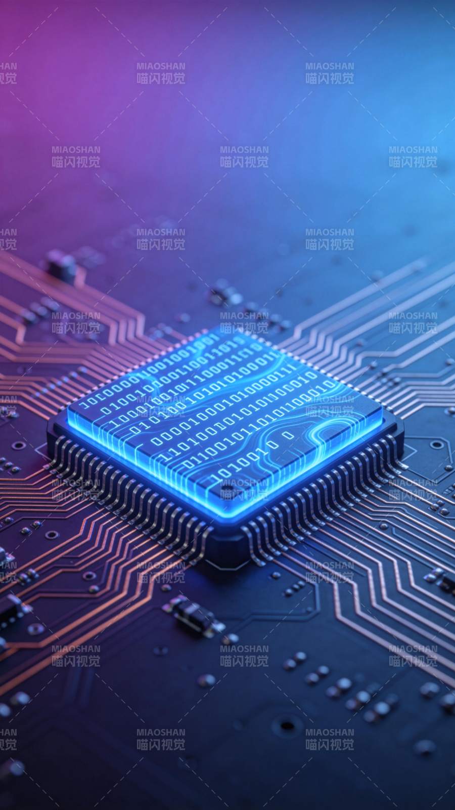 发光芯片置于电路板上的科技特写图片