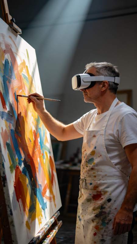 戴VR眼镜的画家正在画布上创作抽象画作图片