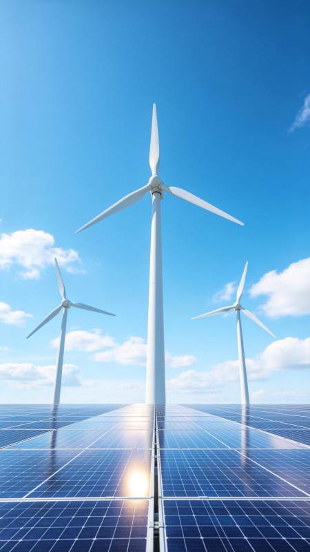 风力发电机与太阳能电池板并列排列场景图片