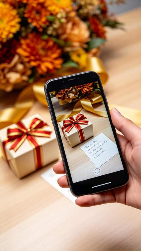 手持手机拍摄礼盒与花束的特写场景图片