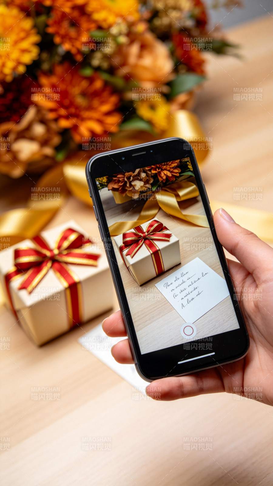 手持手机拍摄礼盒与花束的特写场景图片
