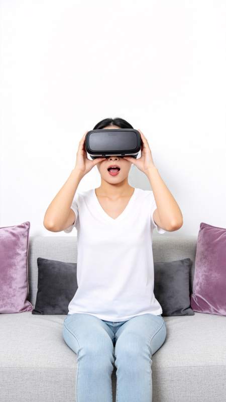 女子佩戴虚拟现实头显沉浸体验图片