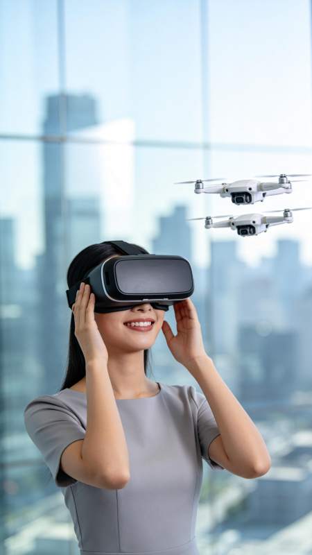 女性佩戴VR眼镜体验虚拟现实飞行场景图片