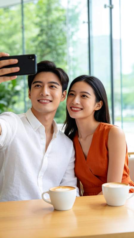 情侣咖啡馆自拍图片