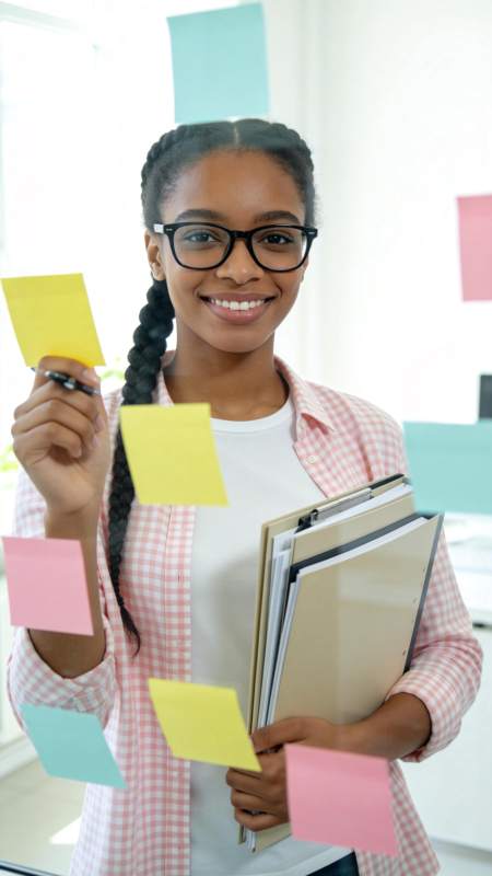 戴眼镜女性手持便签与文件夹微笑工作图片