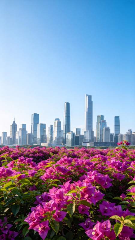 城市高楼群前盛开的紫红色三角梅花丛图片