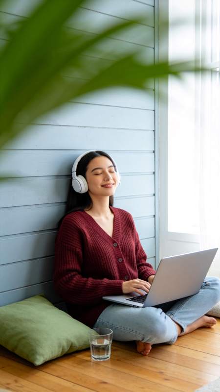 女子戴耳机坐地使用笔记本电脑图片