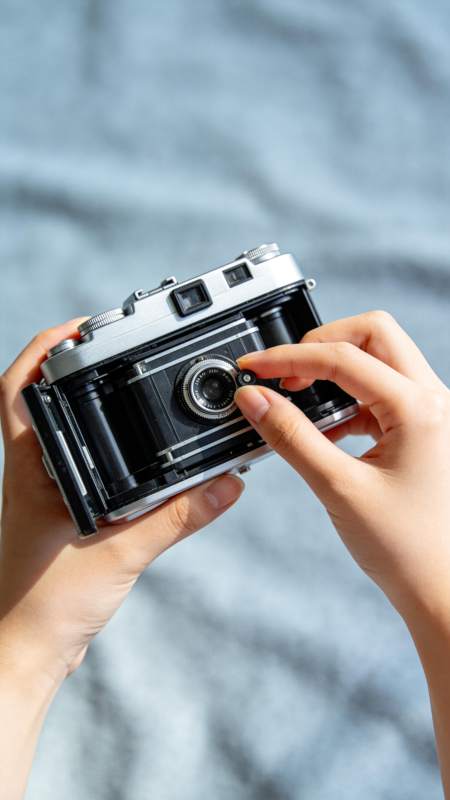 双手操作老式胶片相机进行装片操作图片