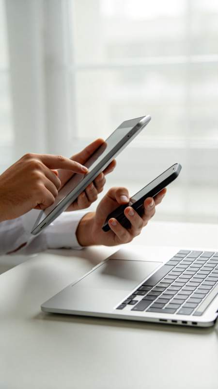 双手操作平板手机与笔记本电脑工作场景图片