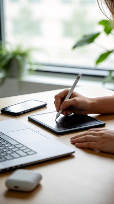 女性使用触控笔在平板电脑上进行数字绘画创图片