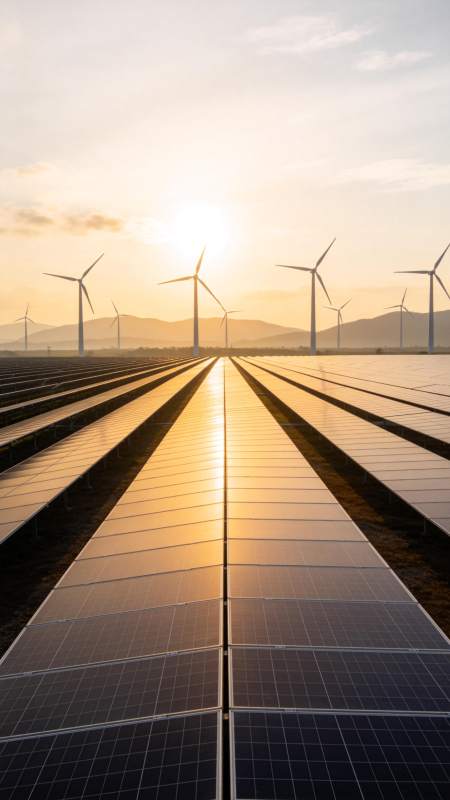 日出时分光伏板阵列与风力发电机群景图片