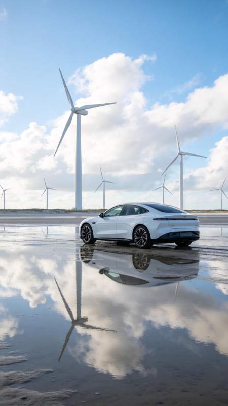 白色轿车停在湿地反射风车与蓝天图片