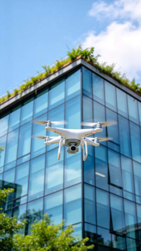 白色无人机在玻璃幕墙建筑前飞行图片