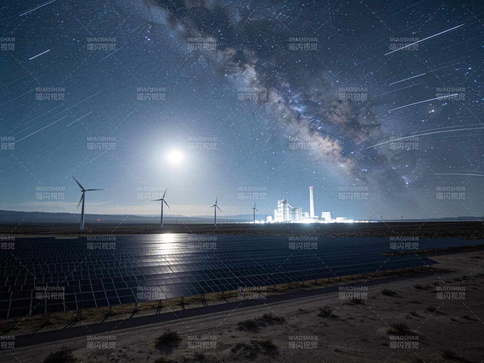 夜空下太阳能板风力发电机与发电厂共存景象图片