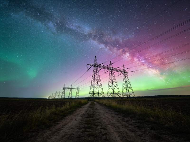 极光下的电力塔图片