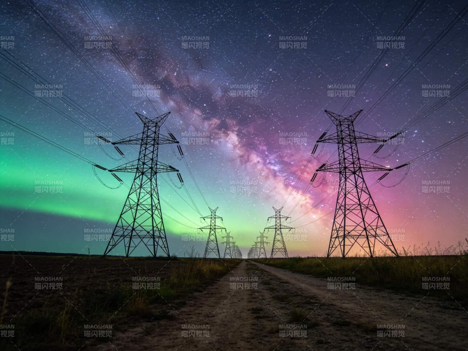 星河下的电力塔图片