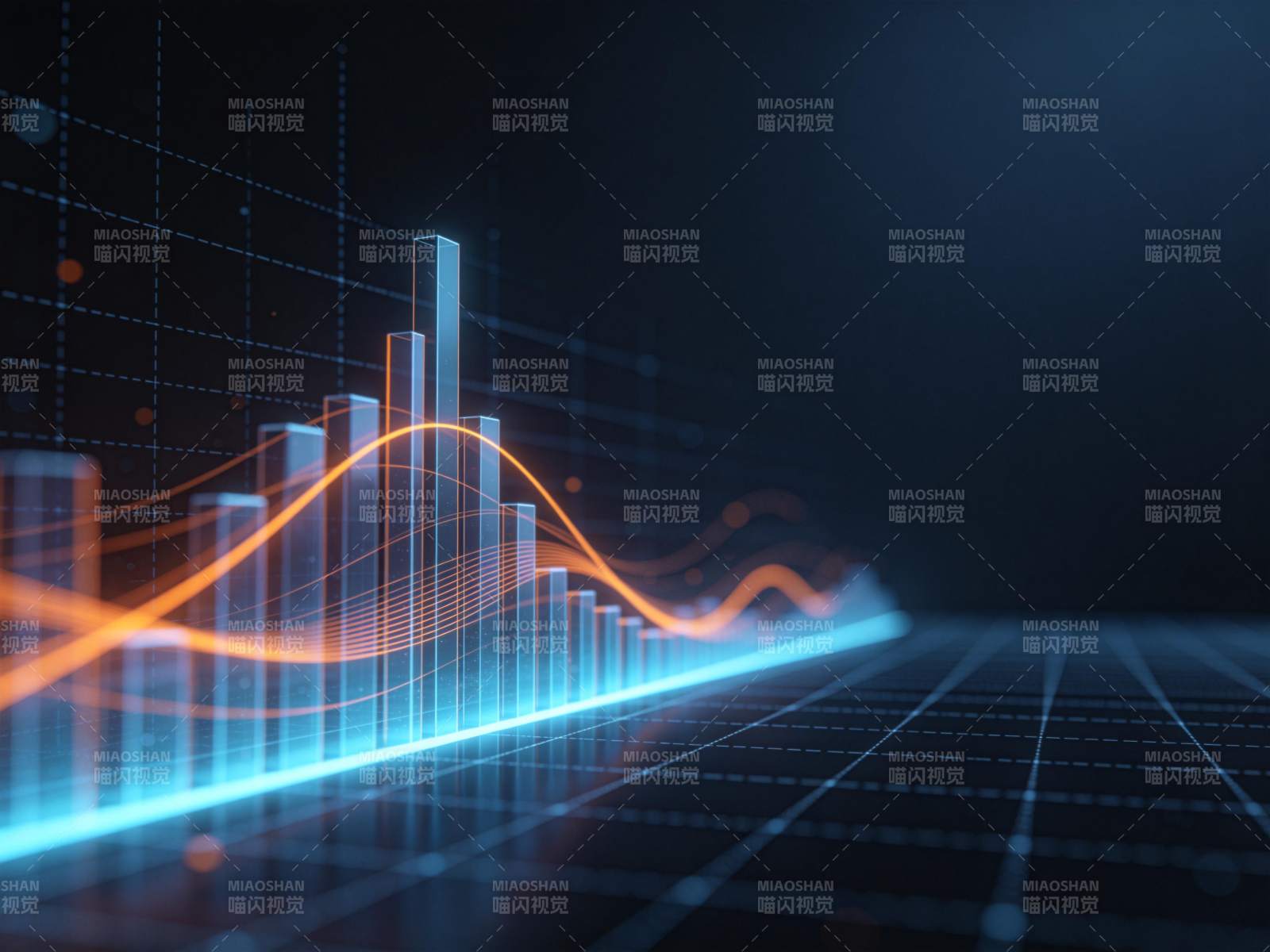 蓝色光效柱状图与橙色曲线数据可视化图表图片
