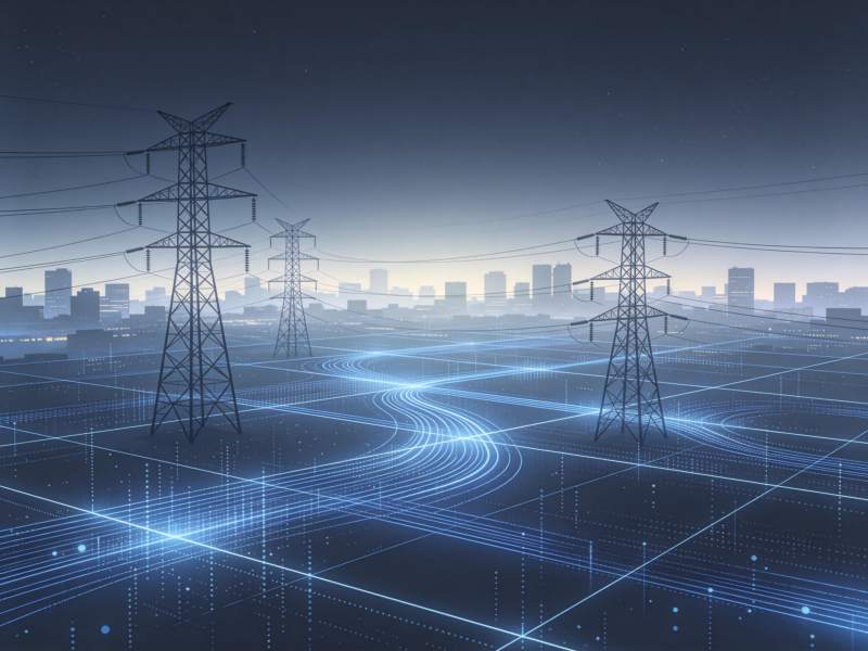 高压电塔与城市夜景中的数字光网交织图片