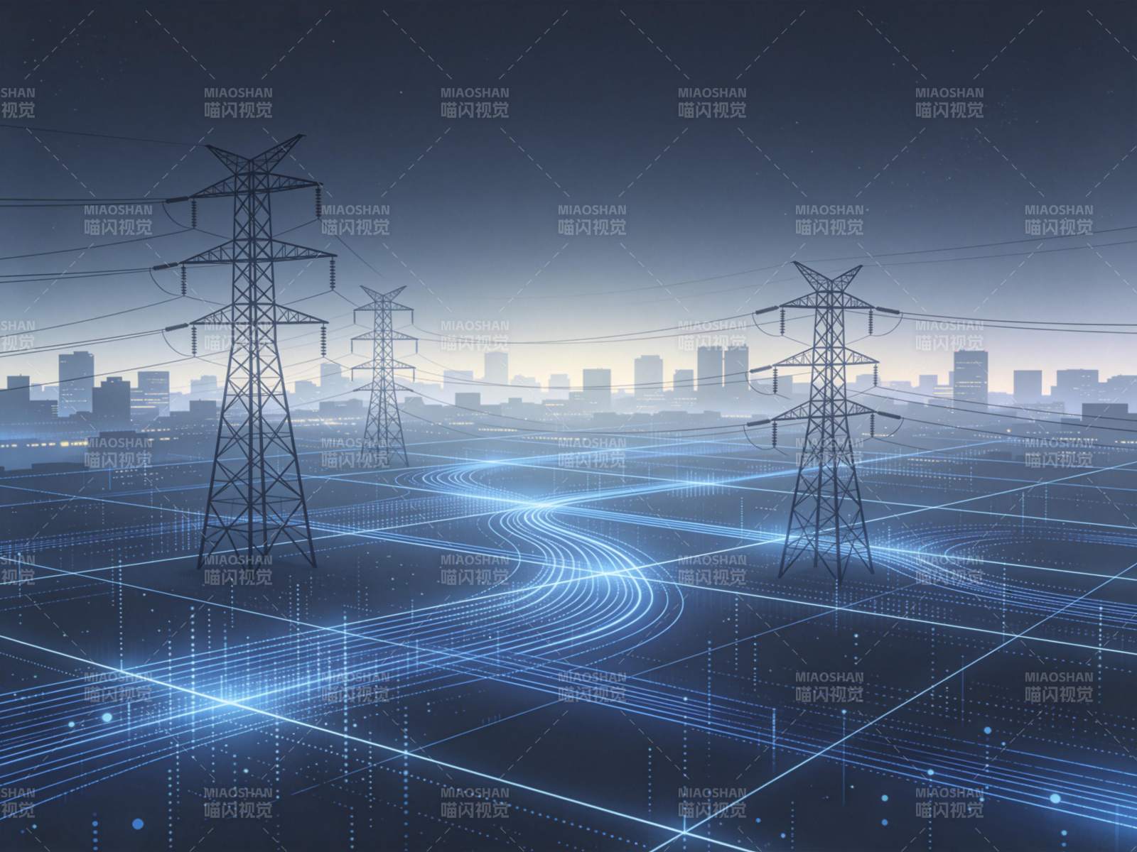 高压电塔与城市夜景中的数字光网交织图片