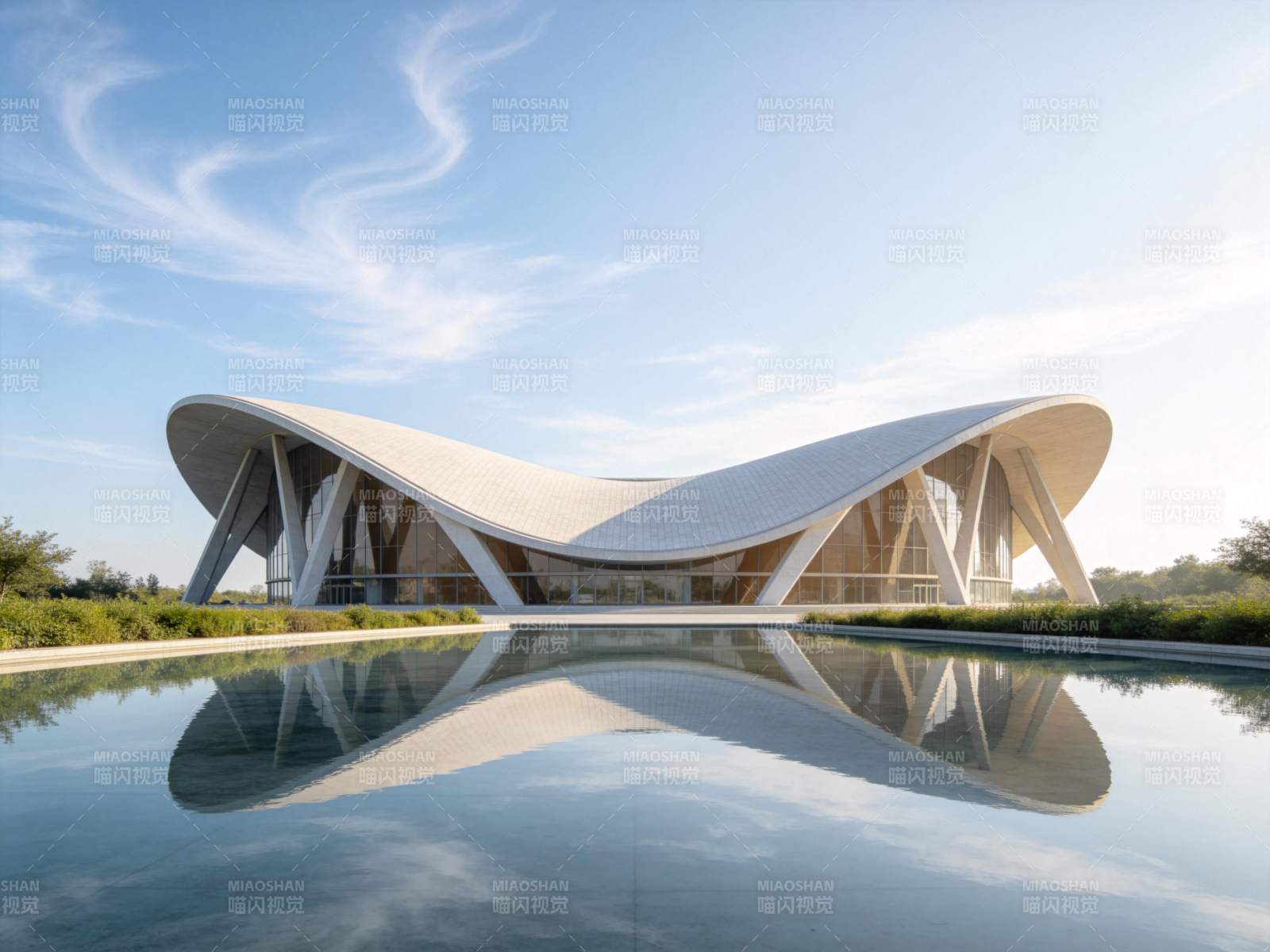 白色流线型现代建筑倒映在静水面中图片