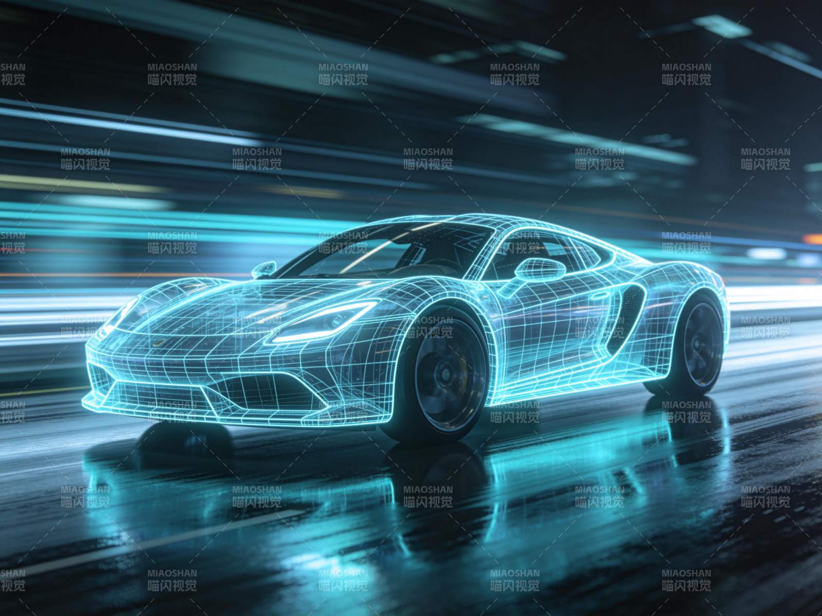 蓝色线框跑车在夜间湿滑路面疾驰图片