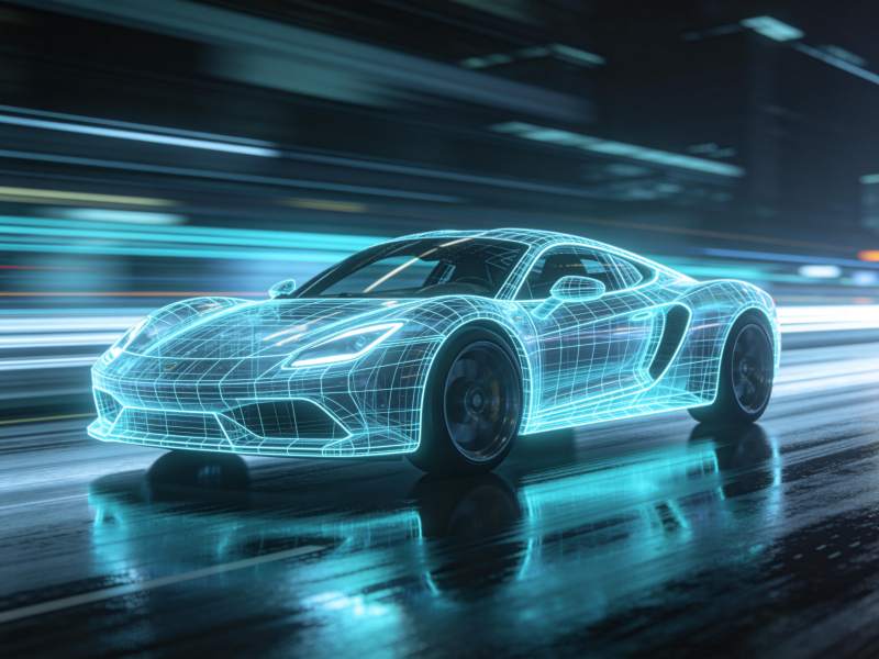 蓝色线框跑车在夜间湿滑路面疾驰图片