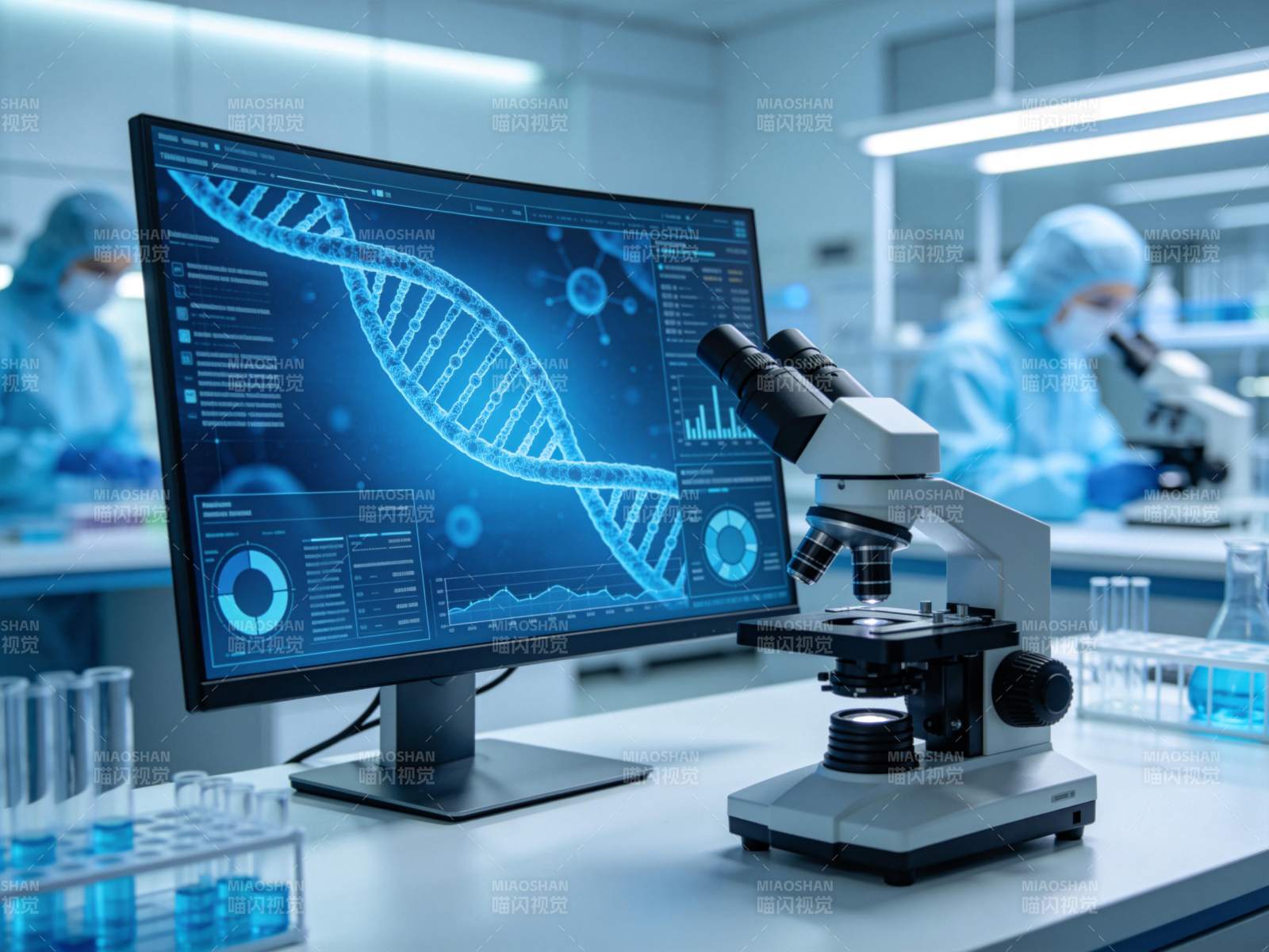 实验室显微镜与DNA双螺旋数据屏幕展示图片
